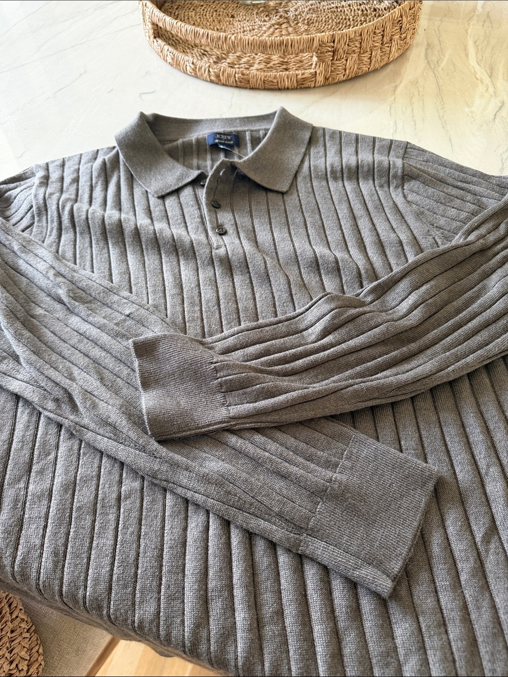 J Crew Classic Gray Ribbed Polo Sweater - Men